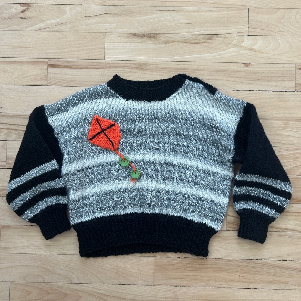 Hand Knit Toddler Sweater 2T 3T Gray Black Wool Blend Cute Kids Pullover